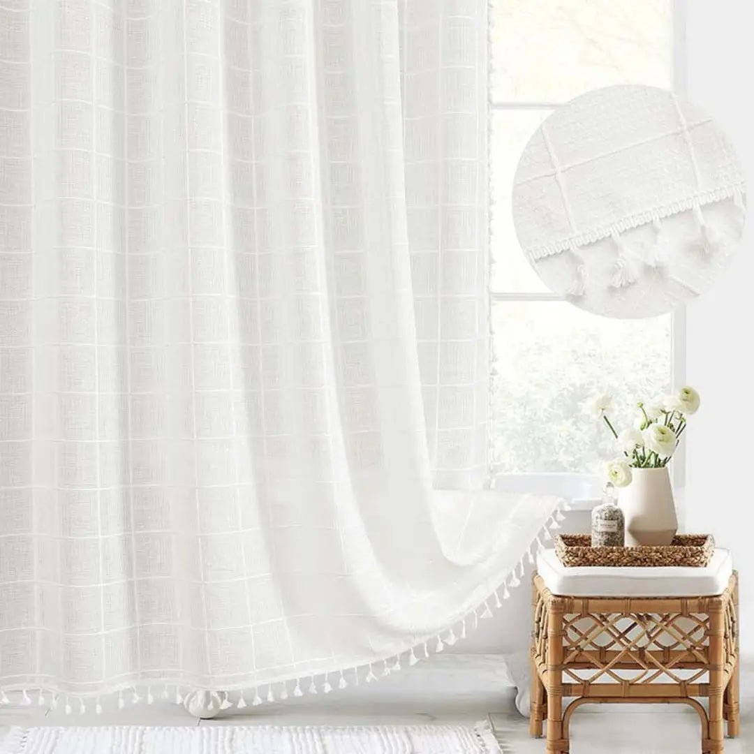 Bohemian Linen Shower Curtain with Tassels Waterproof Fabric Rustique Farmhouse Design