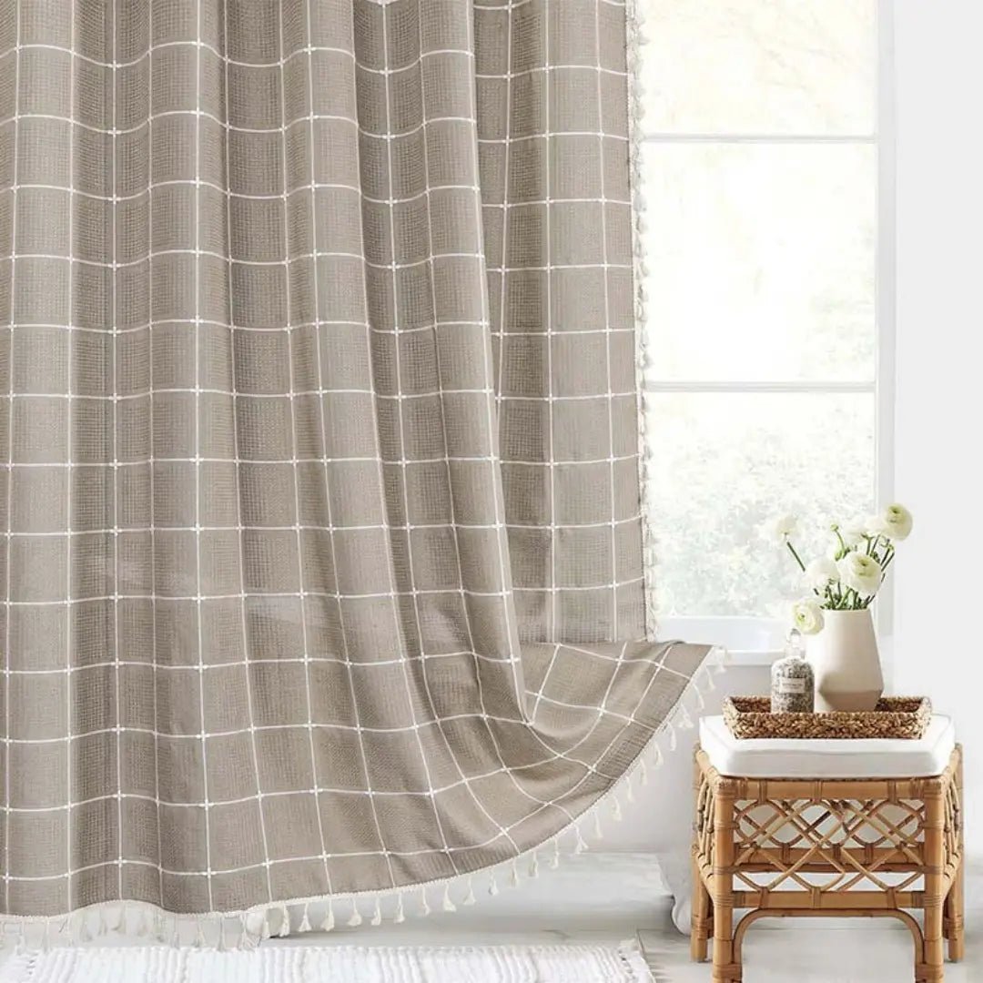 Bohemian Linen Shower Curtain with Tassels Waterproof Fabric Rustique Farmhouse Design