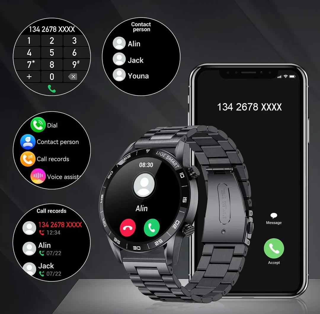Men’s Smartwatch Stainless Steel Band Bluetooth Calls Multisport Fitness Tracker Health Monitor