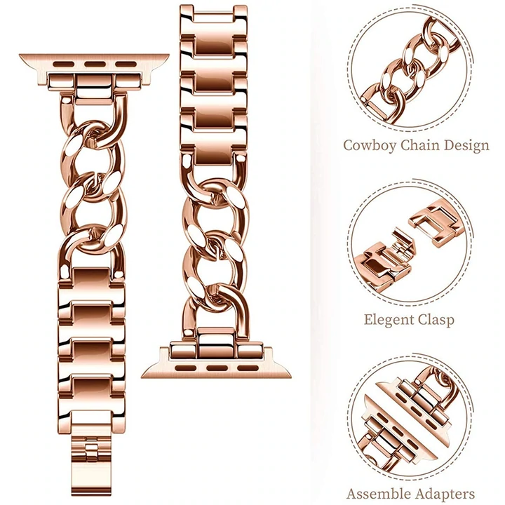 Smartwatch Link Bracelet Stainless Steel Cuban Link Adjustable Metal Clasp Band