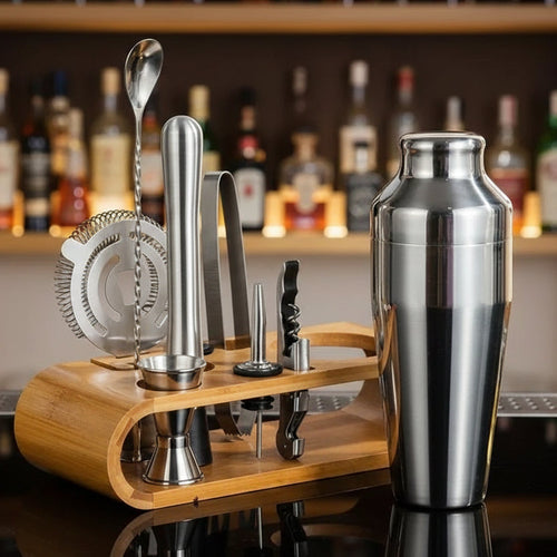10-Piece Stainless Steel Cocktail Bar Set with Shaker, Strainer, Muddler, and Stand