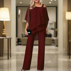 Chiffon Two-Piece Set Women’s Outfit Asymmetrical Top Elastic Waist Pants Lightweight