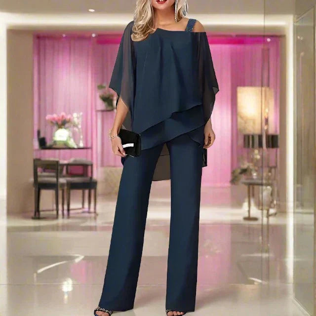 Chiffon Two-Piece Set Women’s Outfit Asymmetrical Top Elastic Waist Pants Lightweight