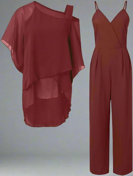 Chiffon Two-Piece Set Women’s Outfit Asymmetrical Top Elastic Waist Pants Lightweight