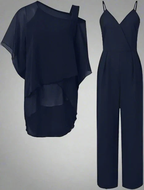 Chiffon Two-Piece Set Women’s Outfit Asymmetrical Top Elastic Waist Pants Lightweight
