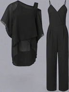 Chiffon Two-Piece Set Women’s Outfit Asymmetrical Top Elastic Waist Pants Lightweight