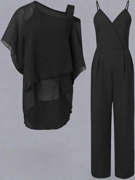 Chiffon Two-Piece Set Women’s Outfit Asymmetrical Top Elastic Waist Pants Lightweight