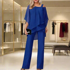 Chiffon Two-Piece Set Women’s Outfit Asymmetrical Top Elastic Waist Pants Lightweight