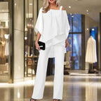 Chiffon Two-Piece Set Women’s Outfit Asymmetrical Top Elastic Waist Pants Lightweight