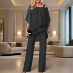 Chiffon Two-Piece Set Women’s Outfit Asymmetrical Top Elastic Waist Pants Lightweight