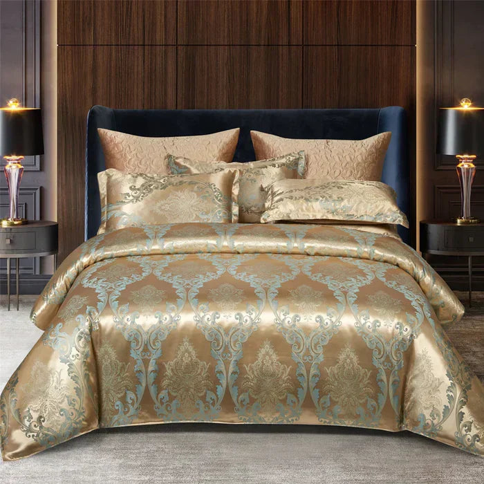 RoyalDream Satin Duvet Cover Set Queen King Size Soft Breathable Summer Bedding with 2 Pillowcases Gold Blue