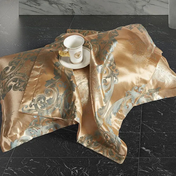 RoyalDream Satin Duvet Cover Set Queen King Size Soft Breathable Summer Bedding with 2 Pillowcases Gold Blue