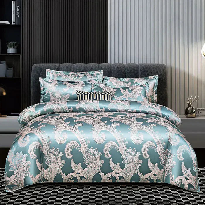 RoyalDream Satin Duvet Cover Set Queen King Size Soft Breathable Summer Bedding with 2 Pillowcases Gold Blue