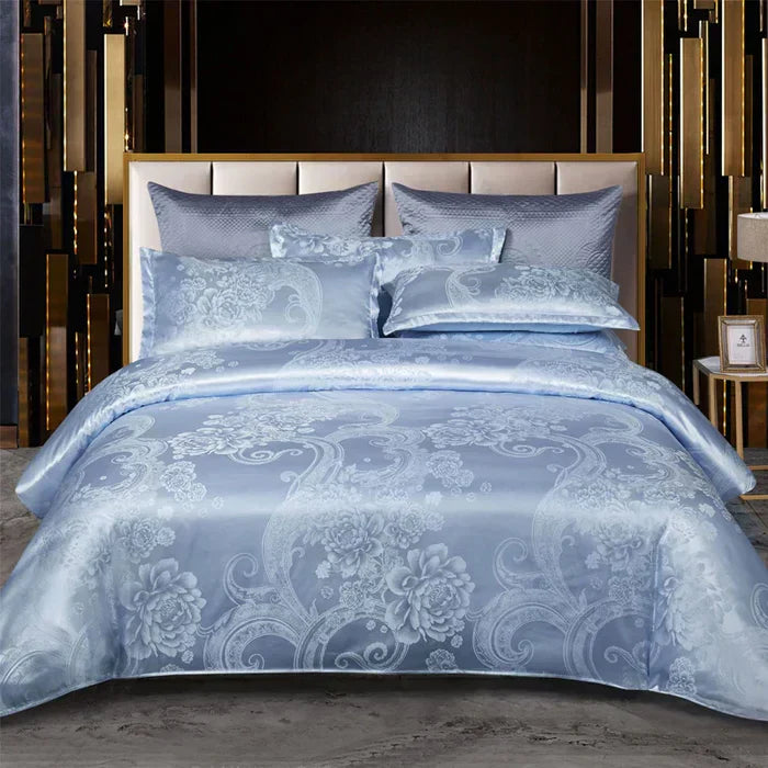 RoyalDream Satin Duvet Cover Set Queen King Size Soft Breathable Summer Bedding with 2 Pillowcases Gold Blue