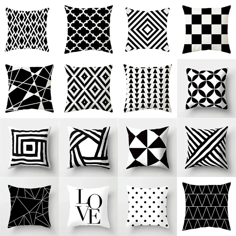 Geometric Black and White Pillow Cover Modern Patchwork Design Standard Size
