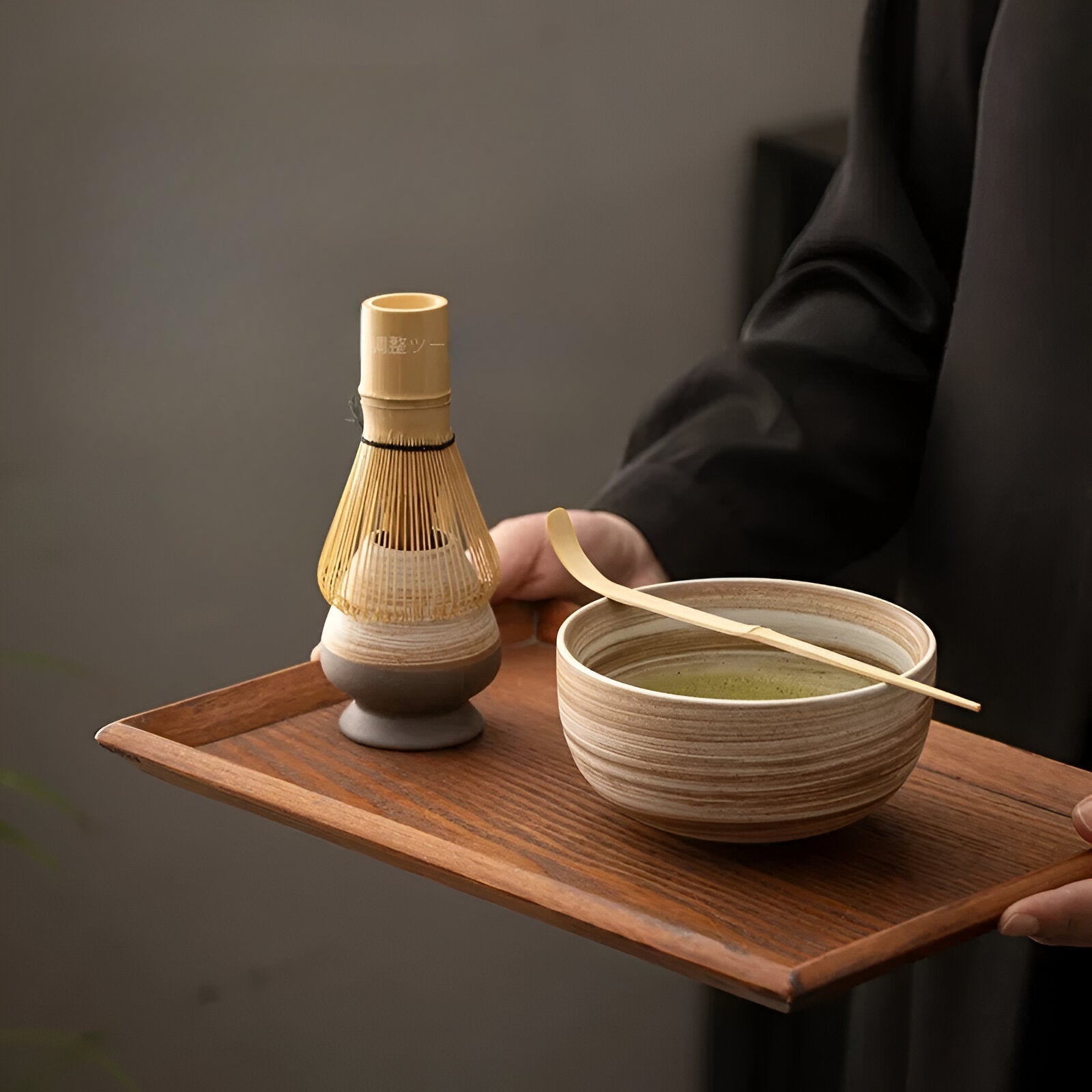 Japanese Matcha Tea Set 4-Piece Ceramic Green Traditional Bamboo Whisk Scoop and Bowl