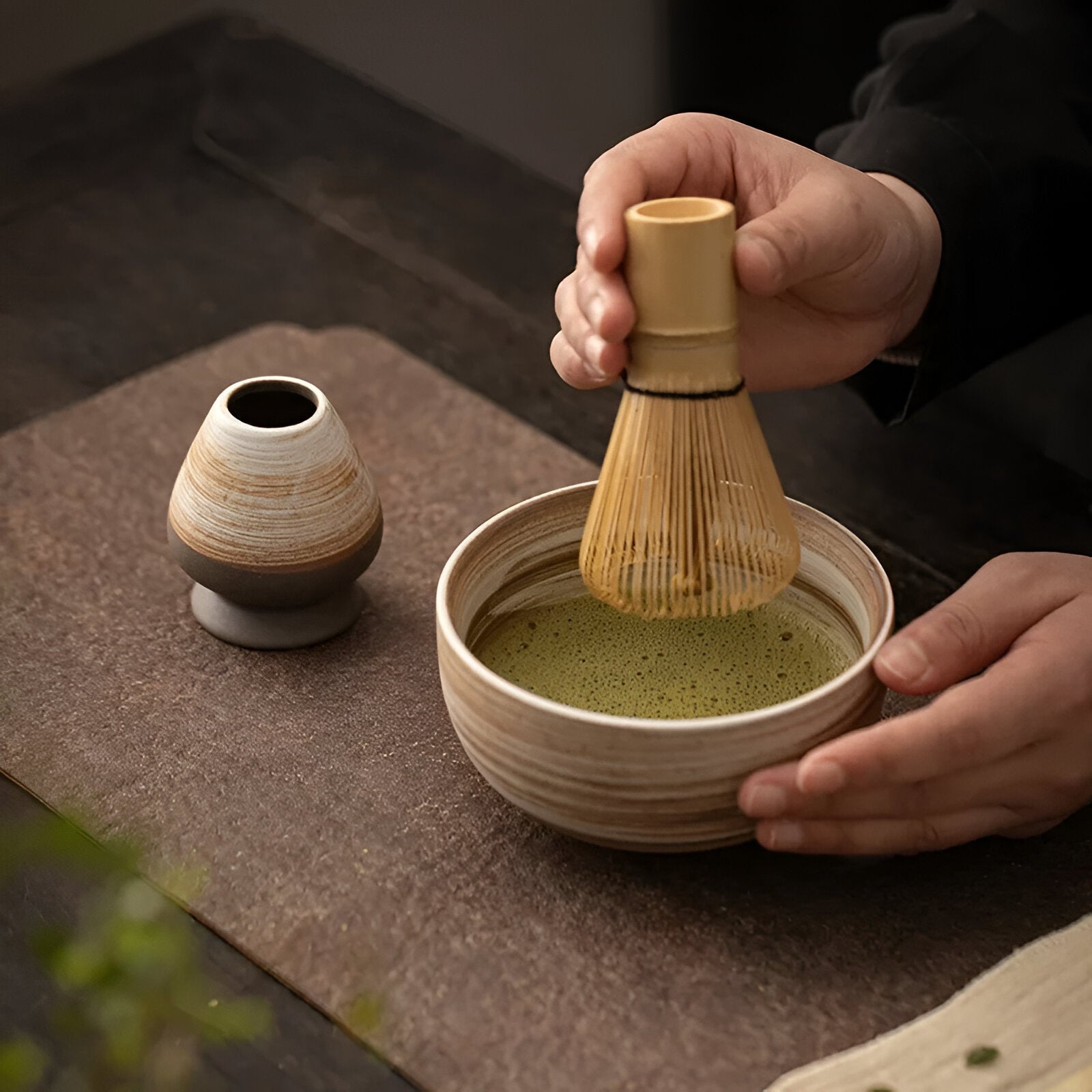 Japanese Matcha Tea Set 4-Piece Ceramic Green Traditional Bamboo Whisk Scoop and Bowl