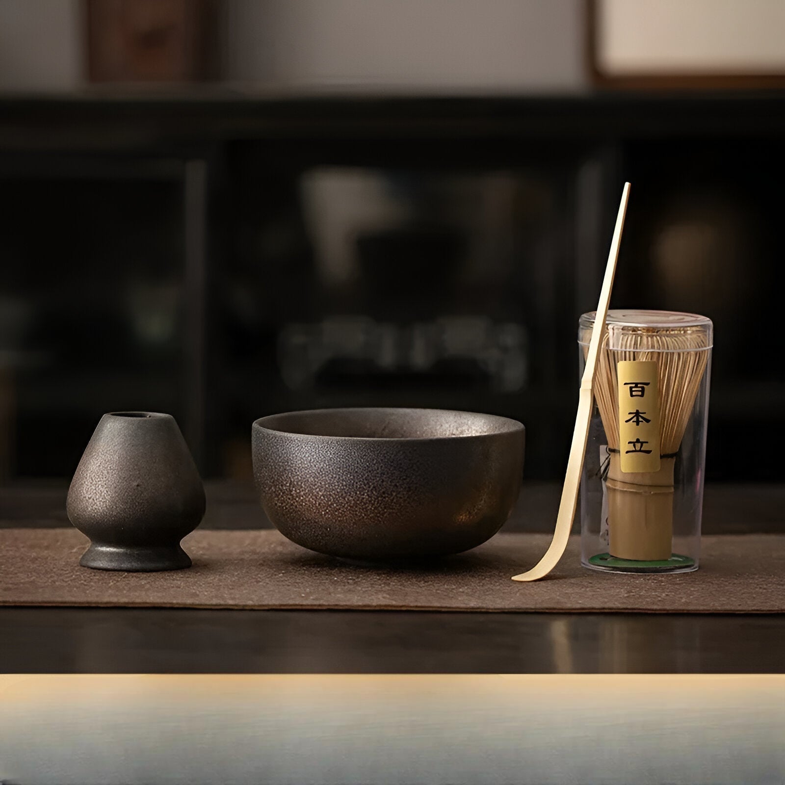 Japanese Matcha Tea Set 4-Piece Ceramic Green Traditional Bamboo Whisk Scoop and Bowl