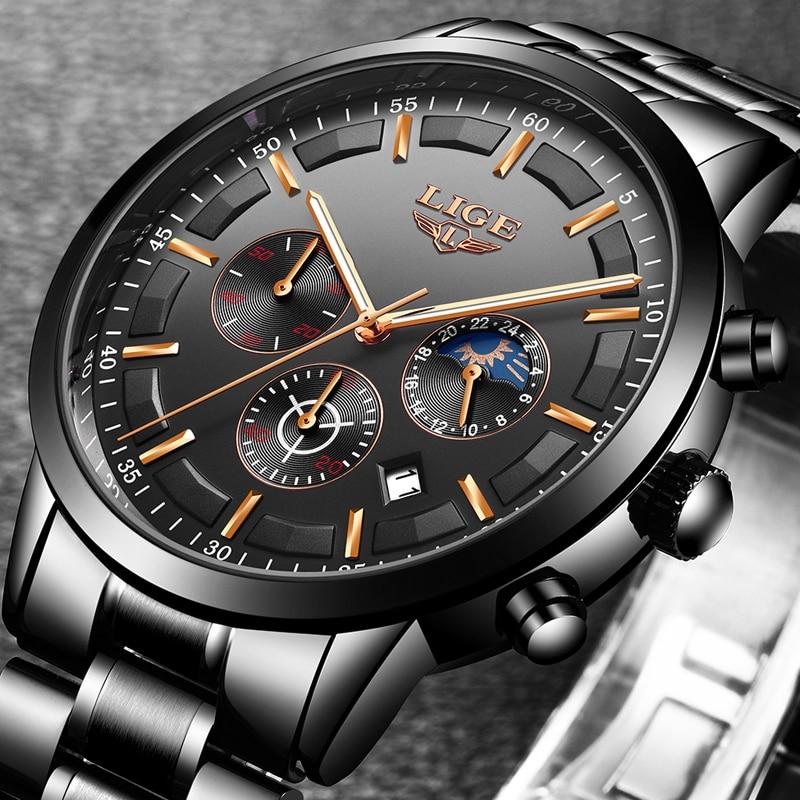 Military Black Stainless Steel Watch Water Resistant Day Date Display Mineral Glass