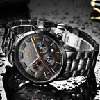 Military Black Stainless Steel Watch Water Resistant Day Date Display Mineral Glass
