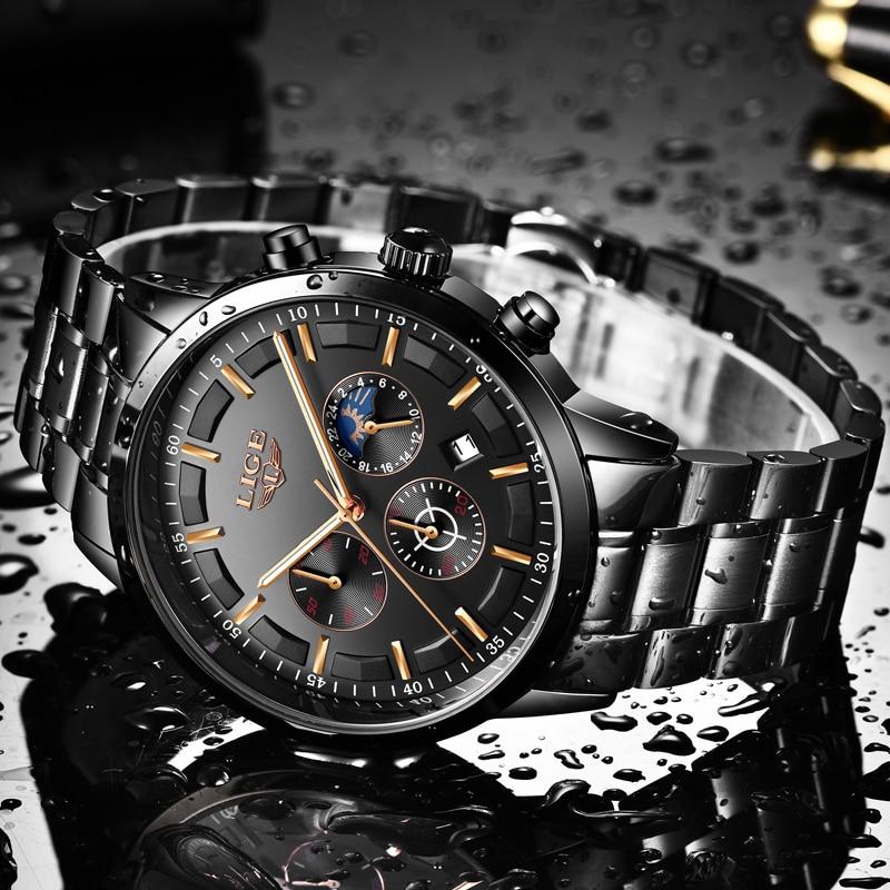 Military Black Stainless Steel Watch Water Resistant Day Date Display Mineral Glass