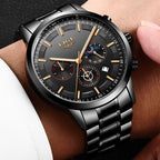 Military Black Stainless Steel Watch Water Resistant Day Date Display Mineral Glass