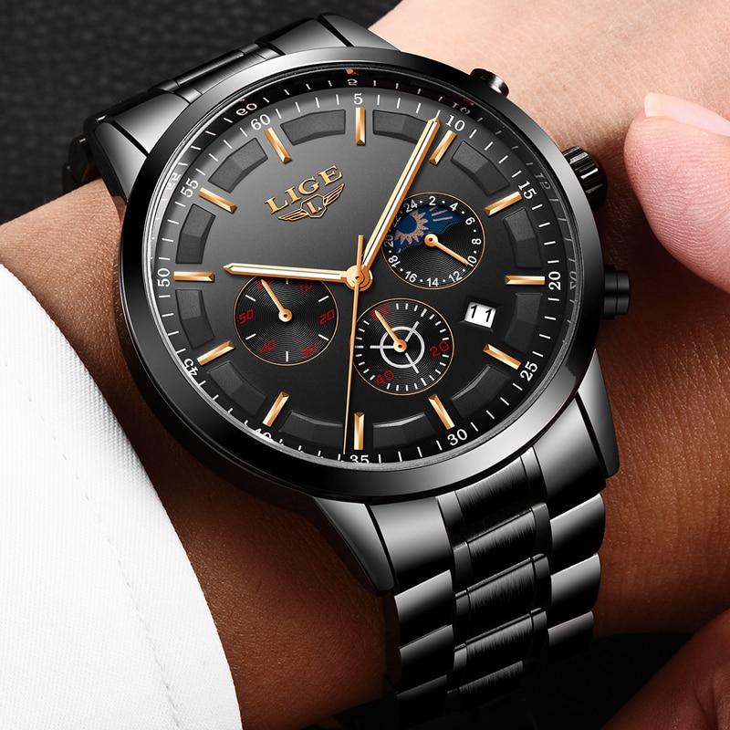 Military Black Stainless Steel Watch Water Resistant Day Date Display Mineral Glass