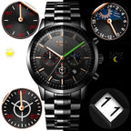 Military Black Stainless Steel Watch Water Resistant Day Date Display Mineral Glass