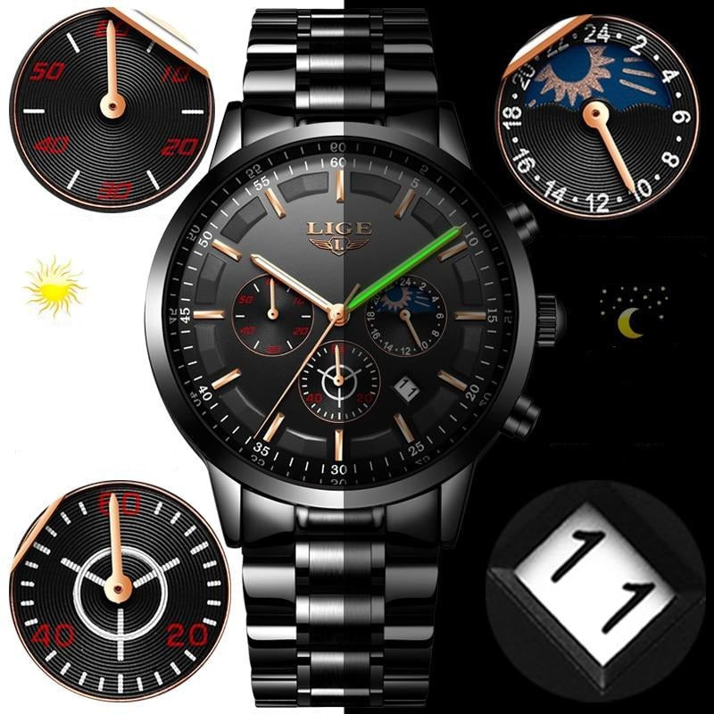 Military Black Stainless Steel Watch Water Resistant Day Date Display Mineral Glass