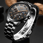 Military Black Stainless Steel Watch Water Resistant Day Date Display Mineral Glass