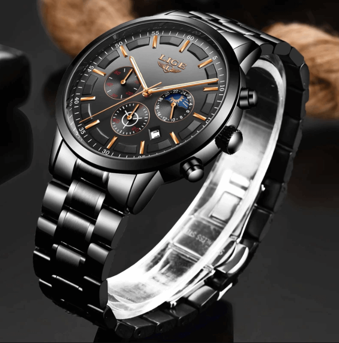 Military Black Stainless Steel Watch Water Resistant Day Date Display Mineral Glass