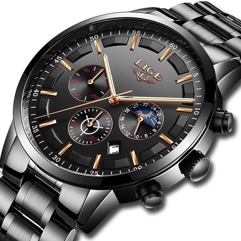 Military Black Stainless Steel Watch Water Resistant Day Date Display Mineral Glass