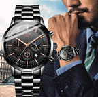 Military Black Stainless Steel Watch Water Resistant Day Date Display Mineral Glass