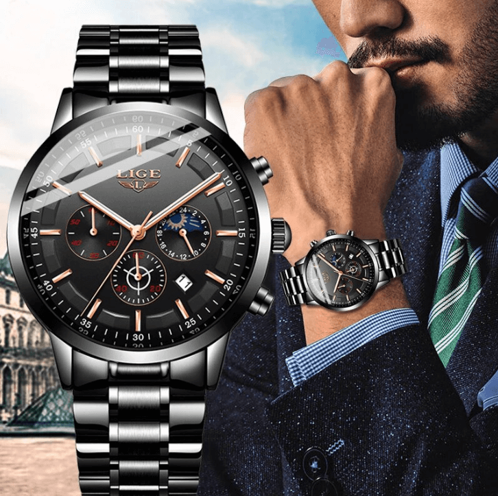 Military Black Stainless Steel Watch Water Resistant Day Date Display Mineral Glass