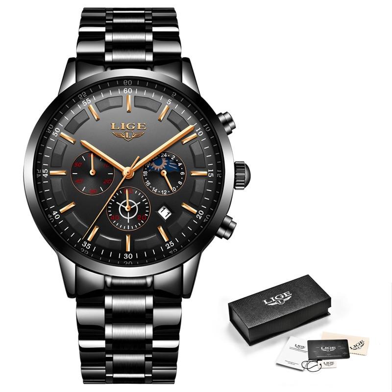 Military Black Stainless Steel Watch Water Resistant Day Date Display Mineral Glass