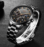 Military Black Stainless Steel Watch Water Resistant Day Date Display Mineral Glass
