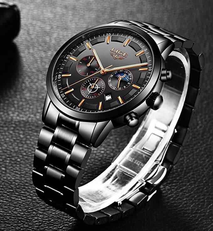 Military Black Stainless Steel Watch Water Resistant Day Date Display Mineral Glass