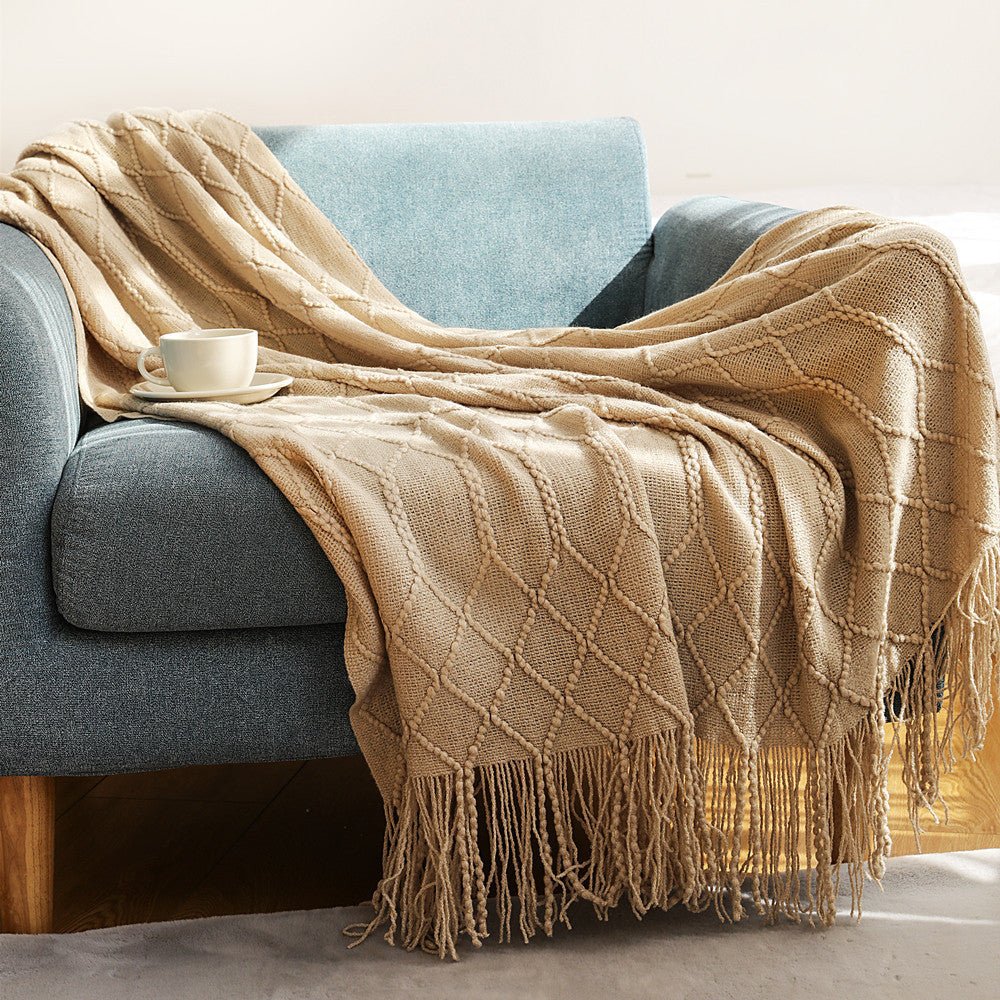 Nordic Knitted Blanket Diamond Pattern Soft Polyester Throw Cozy Warm Home Decor