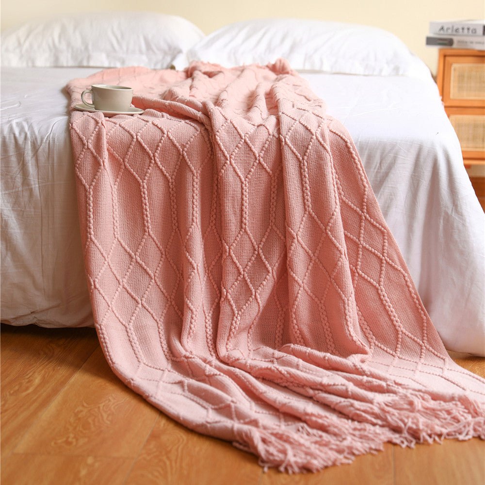 Nordic Knitted Blanket Diamond Pattern Soft Polyester Throw Cozy Warm Home Decor