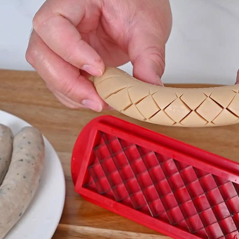 Hot Dog Slicer with Criss-Cross Slots Stainless Steel and Red ABS Plastic for Even Cooking