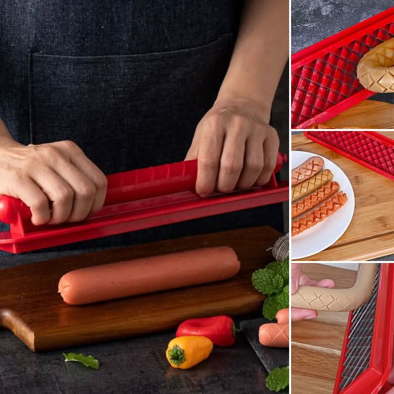 Hot Dog Slicer with Criss-Cross Slots Stainless Steel and Red ABS Plastic for Even Cooking