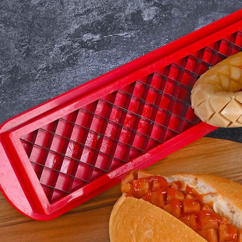 Hot Dog Slicer with Criss-Cross Slots Stainless Steel and Red ABS Plastic for Even Cooking