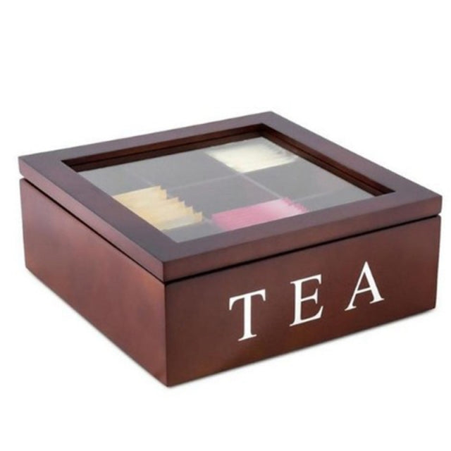 Harrow Wood Tea Storage Box Large Grid Organizer with 9 Compartments Burgundy Black