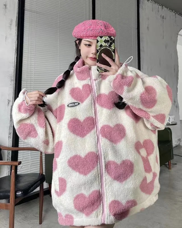 Reversible Heart Print Jacket Double-Sided Casual Lightweight Layering Coat for Women