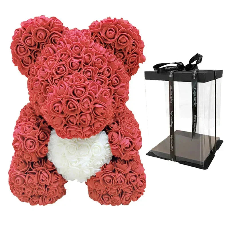Handmade Rose Teddy Bear Bouquet 40cm Red PE Foam Roses Romantic Gift Keepsake