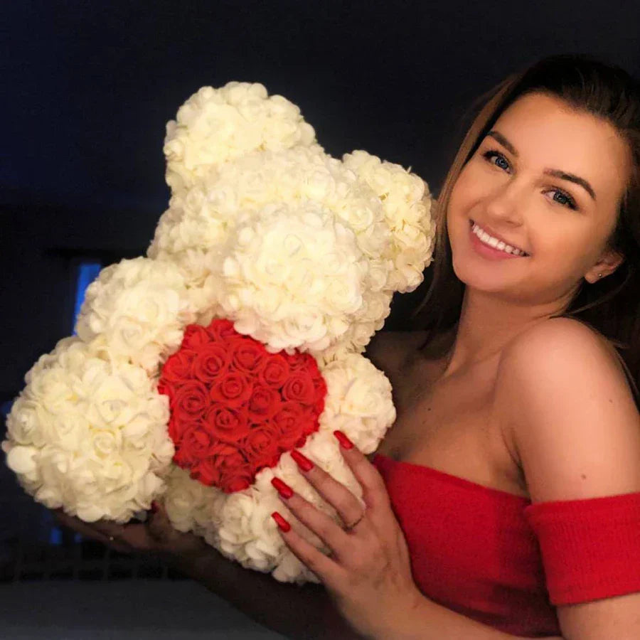 Handmade Rose Teddy Bear Bouquet 40cm Red PE Foam Roses Romantic Gift Keepsake