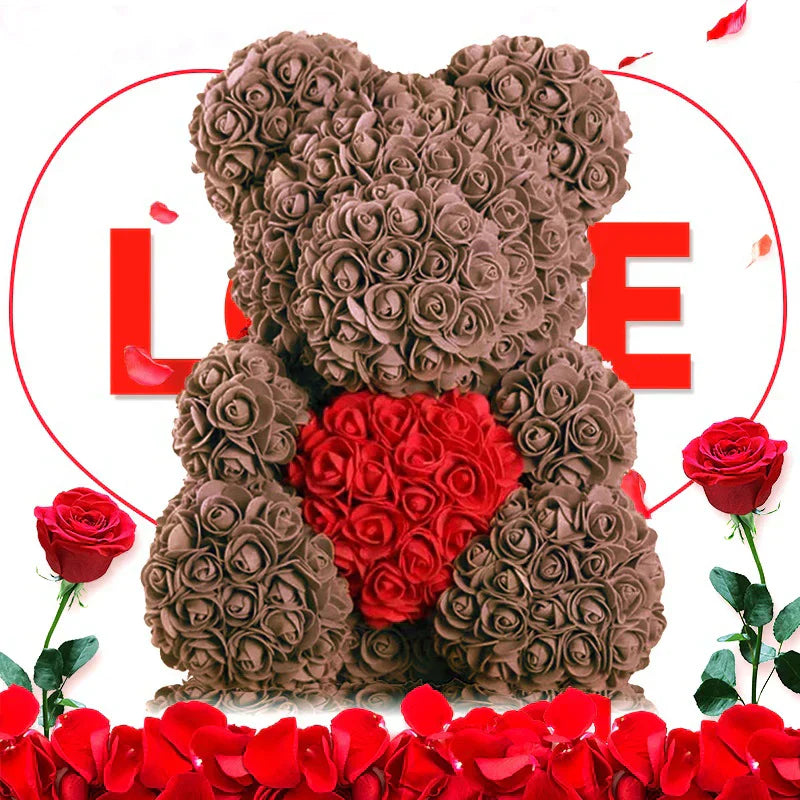 Handmade Rose Teddy Bear Bouquet 40cm Red PE Foam Roses Romantic Gift Keepsake