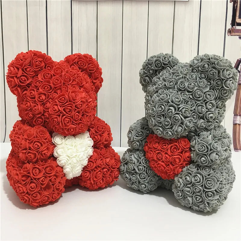 Handmade Rose Teddy Bear Bouquet 40cm Red PE Foam Roses Romantic Gift Keepsake