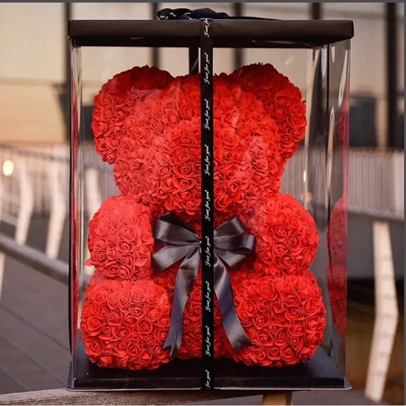 Handmade Rose Teddy Bear Bouquet 40cm Red PE Foam Roses Romantic Gift Keepsake
