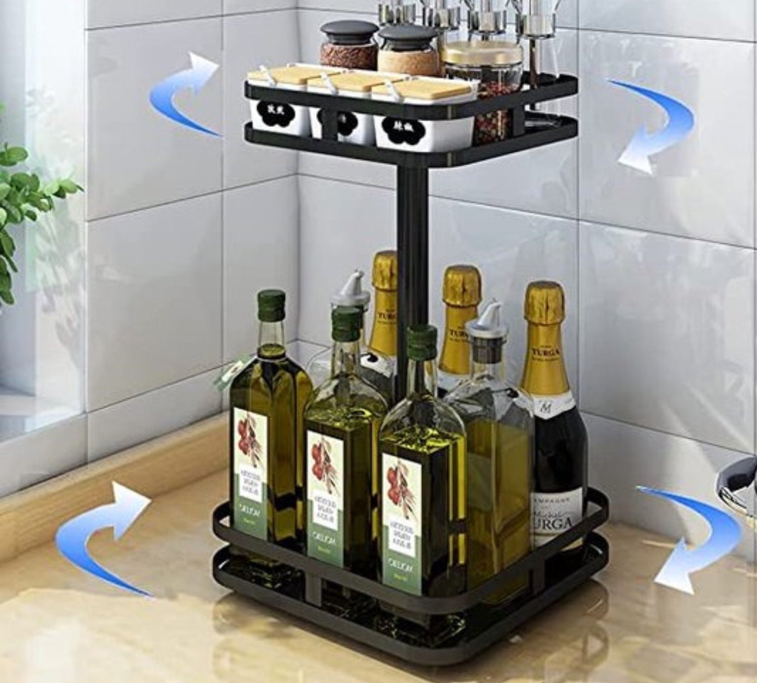 Rotating Storage Rack 360° Stainless Steel Adjustable Height Compact Organizer Black